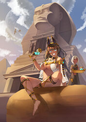 2girls bare_midriff bare_shoulders barefoot black_hair blue_eyes bracelet bracelets bright_eyes dark-skinned_female dark_skin egyptian egyptian_clothes egyptian_clothing egyptian_vulture fangs female female_focus female_only glowing_eye gold_(metal) gold_jewelry great_sphinx_of_giza headband inner_sideboob large_breasts long_hair midriff navel navel_cutout open_clothes red_eyes see-through see-through_clothing servant short_hair sitting smile sphinx standing tagme transparent_clothing water white_hair yaya_(artist) rating:Questionable score:70 user:CalZone