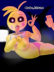  breasts chica_(fnaf) five_nights_at_freddy's fnaf laying_down one_breast_out oral_invitation robokitsune robot robot_girl toy_chica_(fnaf)  rating:explicit score: user:robokitsune