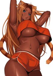 1girls 2021 animal_ears arms_behind_head arms_up blonde_hair blue_eyes booty_shorts breasts brown_skin cat_ears cat_tail catgirl crop_top dark-skinned_female dark_skin ear_piercing female_only gyaru_catgirl_(kevbot) huge_breasts kevbot long_hair looking_at_viewer looking_down low-angle_view orange_clothing orange_shorts original original_character short_shorts shorts simple_background striped_tail sweat sweaty_body tail thick_thighs thighs underboob very_long_hair white_background rating:Questionable score:223 user:Cero_Oscuras