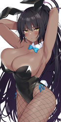 1girls 2021 aqua_bow aqua_bowtie aqua_ribbon armpits arms_up bangs black_hair black_leotard blue_archive blush bow bowtie breasts chakoboshi_taro cleavage cowboy_shot dark-skinned_female dark_skin detached_collar eyebrows_visible_through_hair female female_focus female_only fishnet_legwear fishnets halo highres karin_(blue_archive) karin_(bunny)_(blue_archive) large_breasts leotard long_hair millennium_science_school_student playboy_bunny ponytail pout ribbon sidelocks simple_background solo solo_female thighs very_long_hair white_background yellow_eyes rating:Questionable score:112 user:St1rolvamp3ler