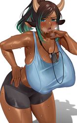 1girls bent_over big_breasts blush brown_hair cow_ears cow_girl cow_horns cow_humanoid dark-skinned_female dark_skin earphones female female_only green_eyes green_highlights hand_on_hip horns humanoid long_hair looking_at_viewer nia_(nia4294) nipple_bulge object_between_breasts open_mouth ponytail shadow shorts solo solo_female steamy_breath sweat sweating tank_top very_high_resolution walkman white_background rating:Questionable score:259 user:!nner$elf89