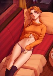 1girls braided_hair deilan12 female female_pubic_hair freckles hairy_pussy highres leah_(stardew_valley) legs legwear lipstick long_hair looking_at_viewer lying lying_on_back midriff navel on_back on_sofa orange_hair orange_sweater panties panty_pull pillow pubic_hair purple_eyes seductive smile soga solo stardew_valley stockings sweat sweatdrop sweater sweater_lift thighhighs thin_legs rating:Explicit score:433 user:Mivaza