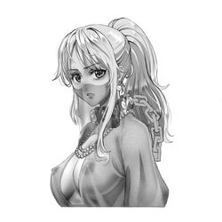 1girls areolae big_breasts blank_background breasts chains collar earrings female female_only greyscale jewelry kerana_art light_hair long_hair nami necklace nipples one_piece ponytail portrait see-through see-through_clothing sheer_clothing solo topwear white_background rating:Explicit score:112 user:lespam_605