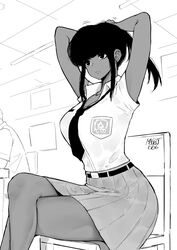 1girls adjusting_hair anggita_putri_(norman_maggot) armpits arms_up bangs big_breasts blouse breasts clothed crossed_legs dark-skinned_female dark_skin earrings eyelashes eyeliner female female_only high_contrast huge_breasts indonesian_school_uniform large_breasts legs long_hair loose_necktie makeup monochrome necktie norman_maggot original ponytail school_uniform shirt sidelocks skirt sweat sweating thick_thighs thighs wet_clothes wet_shirt wet_skirt rating:Questionable score:92 user:kikimaru024