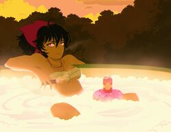 artesst_r bandaged_breasts black_hair chest_wraps cigar female hot_tub milf necklaces raven_branwen red_eyes rwby sunset rating:Questionable score:28 user:RWBYNSFWUploader