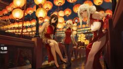 3girls alabama_(azur_lane) azur_lane bare_arms bare_legs bare_shoulders black_hair breasts bridge china_dress chinese_clothes dark-skinned_female dark_skin jeonghee1414 lantern leggings looking_at_viewer lunar_new_year massachusetts_(azur_lane) red_eyes south_dakota_(azur_lane) tagme thigh_strap white_hair yellow_eyes rating:Questionable score:27 user:CalZone