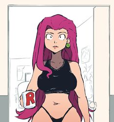 1girls belly_button big_breasts black_eyes breasts casual_clothes coffee_mug earrings female female_only fully_clothed hair_down immisterplow jessie_(pokemon) light-skinned_female long_hair mrplow34 navel pink_hair pokemon solo solo_female sports_bra surprised tagme team_rocket very_long_hair rating:Safe score:221 user:conmazda