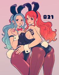 2girls ass big_breasts blue_eyes blue_hair blush bowtie breasts brown_eyes bunny_ears bunnysuit curvy female female_only latex long_hair looking_at_viewer looking_back nail_polish nami nefertari_vivi one_piece orange_hair pantyhose post-timeskip tattoo tongue_out voluptuous yohkn3 rating:Questionable score:269 user:lespam_605