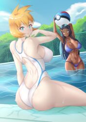 2girls aged_up ass big_ass big_breasts bikini blue_eyes breasts dufreyjupiter female female_only kasumi_(pokemon) long_hair looking_at_viewer looking_back misty_(pokemon_hgss) multiple_girls nessa_(pokemon) nintendo orange_hair pokemon pokemon_gsc pokemon_hgss pokemon_ss pool short_hair sitting swimsuit thick_thighs thighs two_tone_hair rating:Questionable score:70 user:Misty_lover