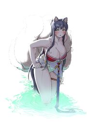 1girls ahri big_breasts black_hair blush cleavage eyebrows_visible_through_hair female female_focus female_only fox_ears fox_girl fox_tail league_of_legends lolboja long_hair onsen riot_games simple_background sweat thick_thighs tired tired_eyes undressing water white_background yellow_eyes rating:Questionable score:76 user:MDQ