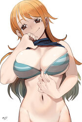 1girls big_breasts breasts eye_contact female female_only large_breasts looking_at_viewer nami one_piece orange_hair sho-n-d smile solo upper_body white_background rating:Questionable score:86 user:Bikuta69