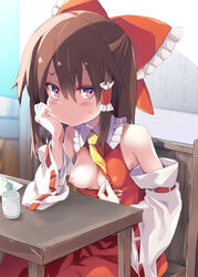 1girls 3: bangs bare_shoulders blush bow breasts breasts_out brown_hair closed_mouth cup dango detached_sleeves dress eyebrows eyebrows_visible_through_hair female flashing food frilled_bow frilled_skirt frills hair_tubes hairbow hand_on_own_cheek hand_on_own_face large_bow long_hair long_sleeves looking_at_viewer necktie nipples on_chair one_breast_out oppai_challenge purple_eyes red_bow red_dress reimu_hakurei ribbon ribbon-trimmed_sleeves ribbon_trim sidelocks sitting small_breasts smile solo solo_female solo_focus sweat table tororo touhou v-shaped_eyebrows wagashi wide_sleeves wooden_table yellow_necktie yellow_neckwear rating:Explicit score:70 user:2222km