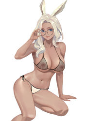 absurdres animal_ears arm_support ass avatar_(ff14) bare_arms bare_legs bare_shoulders bikini black-framed_eyewear black_bikini black_ribbon breasts cleavage collarbone commission dark-skinned_female dark_skin feet_out_of_frame female final_fantasy final_fantasy_xiv glasses hand_on_eyewear highres hongcasso large_breasts lips long_hair mismatched_bikini nipples rabbit_ears ribbon round_eyewear see-through side-tie_bikini silver_hair sitting smile solo swimsuit viera white_bikini rating:Questionable score:80 user:masternoobcake