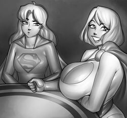 2021 2girls big_breasts breast_envy breast_size_difference breasts cape cleavage cleavage_cutout dc dc_comics female female_only gloves homage huge_breasts kara_zor-el karen_starr large_breasts looking_at_viewer monochrome ph power_girl sitting smile supergirl superman_(series) rating:Questionable score:153 user:justausername