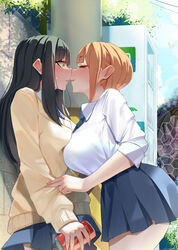 2girls almost_kissing background big_breasts black_hair breast_press breast_squeeze closed_eyes female female_only flat_chest frottage holding_object huge_breasts human long_hair mieruko-chan monobe monobe_yuri multiple_girls orange_hair school_uniform short_hair skirt symmetrical_docking teasing thick_thighs tugging_clothing voluptuous yellow_eyes yotsuya_miko yuri yurikawa_hana rating:Safe score:628 user:MySweetPies!