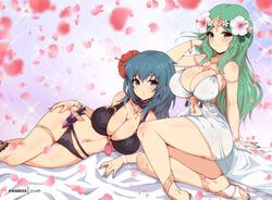 2girls alternate_costume ass bikini black_bikini black_swimsuit blue_eyes breasts byleth_(fire_emblem) byleth_(fire_emblem)_(female) byleth_(summer)_(fire_emblem)_(female) cleavage dress_swimsuit feet_out_of_frame female female_only fire_emblem fire_emblem:_three_houses fire_emblem_heroes flower green_eyes green_hair hair_flower hair_ornament hibiscus large_breasts long_hair lying multiple_girls navel nintendo official_alternate_costume on_side rhea_(fire_emblem) rhea_(summer)_(fire_emblem) sandals swimsuit thighlet virus-g white_bikini white_swimsuit rating:Questionable score:81 user:kris923