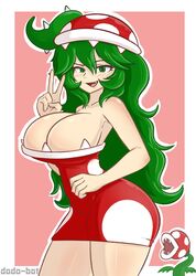 1girls 2d anthrofied cute dodo-bot dress eyes green_hair large_breasts long_hair mario_(series) oerba_yun_fang peace_sign piranha_plant piranha_plant_girl red_dress smiling solo tagme thick_thighs rating:Questionable score:147 user:DickGuy8719