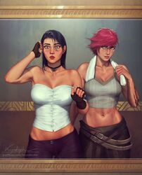 2girls arcane arcane_caitlyn arcane_vi black_hair caitlyn_kiramman canon_couple krysdecker league_of_legends muscular muscular_female pink_hair surprised surprised_expression vi yuri rating:Explicit score:180 user:Sock73