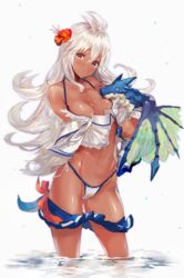 cleavage dark-skinned_female dark_skin dragon flower_in_hair granblue_fantasy hitaki_yuu looking_back red_eyes standing_in_water swimsuit tagme toned toned_female water white_hair zooey_(granblue_fantasy) rating:Questionable score:51 user:CalZone