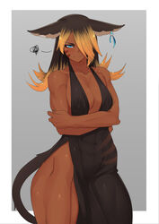 1girls animal_ears black_dress black_hair blonde_hair blue_eyes breasts cat_ears cat_tail crossed_arms dark-skinned_female dark_skin dress embarrassed facial_mark female final_fantasy final_fantasy_xiv frown hair_over_one_eye halterneck looking_at_viewer miqo'te muscular muscular_female side_slit simple_background solo stormcow tail two_tone_hair white_border rating:Questionable score:82 user:Shaded_Cube