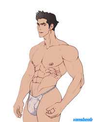 1boy abs avatar_the_last_airbender balls balls_in_underwear bara big_penis black_hair bulge flaccid flaccid_penis human human_only light-skinned_female light_skin mako male male_focus male_nipples male_only muscles muscular muscular_male nipples orange_eyes pecs pectorals penis penis_in_underwear pink_nipples see-through see-through_clothing see-through_panties see-through_penis see-through_swimsuit see-through_underwear see_through six_pack smooth_skin solo solo_focus solo_male standing the_legend_of_korra thong thong_only underwear underwear_only vansbeab white_background rating:Explicit score:57 user:vansbeab