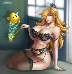 1girls black_lingerie blonde_hair blue_eyes breasts cleavage crown female female_only flowerxl garter_belt lingerie looking_at_viewer luma magic_wand mario_(series) nintendo princess_rosalina sitting solo thighhighs rating:Explicit score:146 user:justausername