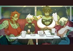 4girls beer beer_glass big_breasts black_hair black_sclera blush cigarette cleavage_cutout clothing dress eyes_mostly_closed fangs female female_only glasses green-skinned_female green_skin hi_res huge_breasts long_hair messy_hair muscular muscular_female narrowed_eyes orc orc_female orc_mommy original original_character ova_(picco) picco pointy_ears red_hair scar scars sitting smoking table tomboy tusks white_hair yellow_eyes rating:Questionable score:340 user:!nner$elf89