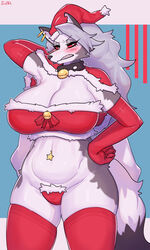 anthro blush breasts christmas christmas_clothing christmas_headwear clothing female front_view hat headgear headwear helluva_boss hi_res holidays legwear loona_(helluva_boss) red_eyes santa_hat simple_background stockings sususuigi rating:Questionable score:131 user:DemonKitty15