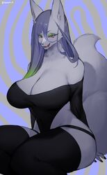 1girls anthro bare_shoulders big_breasts black_thighhighs blue_hair canine dress female female_only fur furry furry_only grey_fur hi_res long_hair looking_at_viewer makeup narrowed_eyes open_mouth red_eyes sitting smiling smiling_at_viewer solo solo_female suurin_(ksyaro) thick_thighs thighhighs wolf wolf_ears wolf_tail rating:Questionable score:63 user:!nner$elf89