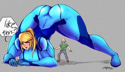 alternate_breast_size big_ass big_breasts blonde_hair bodysuit breasts_bigger_than_head color_edit dialogue english_text female giantess holding_breast huge_ass huge_breasts jack-o'_pose jack-o_pose lapotato8 larger_female long_hair metroid mini_giantess muscular muscular_arms muscular_bimbo muscular_female nintendo ponytail posing presenting_ass presenting_hindquarters ritax samus_aran sitting text thick_thighs voluptuous wide_hips zero_suit zero_suit_samus rating:Questionable score:138 user:Username169