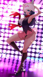 1girls armpits big_breasts blue_eyes blue_hair blush breasts dawn_(pokemon) eye_contact female high_heels long_hair looking_at_viewer microskirt nintendo one_eye_closed pokemon pokemon_dppt pole_dancing scarf skirt solo standing sumisumii thighs rating:Questionable score:141 user:Bikuta69