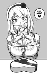 1girls blush bondage bowtie box chocolate_box cleave_gag cloth_gag clothes_gag dagashi_kashi female female_only femsub gag gagged gagged_speech happy_sub head_tilt headband heart_box monochrome rope rope_bondage shidare_hotaru talking_to_viewer valentine's_day wossarem rating:Questionable score:59 user:jltbl