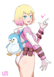 1girls ass belt blonde_hair blue_eyes bowieknife breasts gradient_hair gwen_poole gwenpool gwenpool_(series) holding leotard looking_at_viewer marvel marvel_comics multicolored_hair penguin_backpack pink_hair pink_leotard plain_background pouch short_hair simple_background smile solo superhero sword two-tone_hair weapon white_background rating:Explicit score:219 user:FilthyHank69