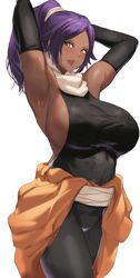 1girls armpits arms_up bleach blush breasts brown_skin clothed clothed_female clothes clothes_around_waist clothing commentary_request dark-skinned_female dark_skin elbow_gloves eyebrows_visible_through_hair female female_only fully_clothed gloves hi_res jacket jacket_around_waist large_breasts long_hair looking_at_viewer open_mouth plain_background ponytail purple_hair sakanaaj1 scarf shihouin_yoruichi shiny shiny_hair shiny_skin simple_background skindentation smile solo solo_focus white_background yellow_eyes rating:Safe score:179 user:UnrealHarbor