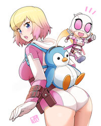 1girls ass belt blonde_hair blue_eyes bowieknife breasts chibi gradient_hair gwen_poole gwenpool gwenpool_(series) highres holding hood katana leotard looking_at_viewer marvel marvel_comics mask multicolored_hair open_mouth penguin_backpack pink_hair pink_leotard pouch short_hair simple_background smile solo superhero sword thick_thighs two-tone_hair weapon rating:Questionable score:263 user:FilthyHank69