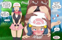 1girls 2boys ambiguous_penetration ass blowjob blue_eyes blue_hair blush cum cum_in_mouth cum_inside dark-skinned_male dark_skin dawn_(pokemon) deepthroat dialogue fellatio female hand_on_head hat high_resolution long_hair nintendo oral panties panties_aside penetration pokemon pokemon_dppt redradrebel sex speech_bubble text uncensored rating:Explicit score:163 user:Bikuta69