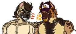  anthro arkentian_idiot biceps brown_body brown_fur duo fur hair hi_res hyena male male/male mammal muscular muscular_anthro muscular_male pecs simple_background  rating:safe score: user:bot