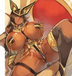 1girls big_breasts big_butt black_hair cameltoe chamame dark-skinned_female egyptian elf gloves green_eyes hourglass_figure larribee last_origin necklace partially_clothed scarab sekhmet_of_death string_bikini rating:Explicit score:163 user:SandsGoddess