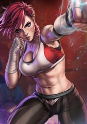 arcane_vi blue_eyes clothes dandon_fuga earrings league_of_legends muscular muscular_female pink_hair tattoo vi rating:Questionable score:121 user:Spider274