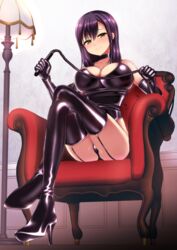 2d boots breasts chair choker corset crossed_legs dominatrix female garter_straps gloves high_heel_boots holding_whip large_breasts latex medium_hair misaki_(piririnegi) panties piririnegi purple_hair sitting_on_chair smiling standing_lamp whip yellow_eyes rating:Explicit score:89 user:gusat