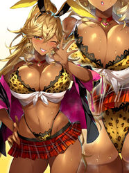 1girls 2021 alternate_version_available ass blonde_hair blush bra breasts brown_skin bunny_ears bunny_girl bunnystein_fantasy celica_(bunnystein_fantasy) choker cleavage crop_top fellatio_gesture female female_focus female_only gan_(shanimuni) gold_eyes gyaru heart_choker hi_res highleg_panties huge_breasts large_ass leopard_print leopard_print_bra leopard_print_panties long_hair looking_at_viewer naughty_face panties schoolgirl_outfit short_skirt smile suggestive_gesture suggestive_look sweat sweaty_body tan tan-skinned_female tan_skin wink rating:Questionable score:203 user:Cero_Oscuras