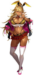 1girls 2021 blonde_hair blush bra breasts brown_skin bunny_ears bunny_girl bunnystein_fantasy celica_(bunnystein_fantasy) choker cleavage crop_top fellatio_gesture female female_focus female_only full_body gan_(shanimuni) gold_eyes gyaru heart_choker hi_res highleg_panties huge_breasts leopard_print leopard_print_bra leopard_print_panties long_hair looking_at_viewer naughty_face panties schoolgirl_outfit short_skirt smile suggestive_gesture suggestive_look sweat sweaty_body tan tan-skinned_female tan_skin rating:Questionable score:146 user:Cero_Oscuras