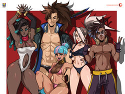 2boys 3girls akali armpits bikini bikini_bottom bikini_top black_hair blue_hair brown_hair brown_skin collar da_đen dark-skinned_female dark-skinned_male dreadlocks ear_piercing earrings ekko gloves headphones kyoffie league_of_legends one-piece_swimsuit pink_hair qiyana_yunalai riot_games scarf senna_(league_of_legends) swimsuit swimwear tongue_out true_damage_akali true_damage_ekko true_damage_qiyana true_damage_senna true_damage_series true_damage_yasuo two_tone_hair white_hair yasuo rating:Questionable score:104 user:Jotaro_Kujo346