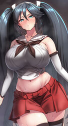 bare_shoulders big_breasts black_hair blue_eyes blush crop_top curvaceous curvy detached_sleeves eastern_style elbow_gloves female female_only hair_ribbon hairband hairbow hakama_skirt heart-shaped_pupils hi_res huge_breasts isuzu_(kantai_collection) kantai_collection long_hair looking_at_viewer miniskirt ryuun_(stiil) sailor_collar sideboob sleeveless_shirt solo sweat thick_thighs thighhighs twintails very_long_hair white_armwear white_shirt wide_hips rating:Questionable score:91 user:deleted6942