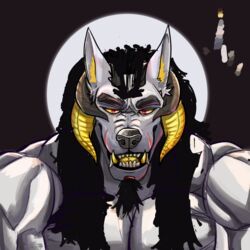  1:1 anthro arkentian_idiot canid canid_demon canine canis demon hellhound hi_res horn light male mammal moon moonlight muscular mythological_canine mythological_creature mythology smile solo teeth unfinished wolf  rating:safe score: user:bot