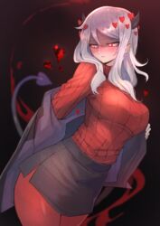 1girls absurdres black_horns black_jacket black_tail blazer demon_girl demon_horns demon_tail glowing glowing_eyes heart heart_eyes helltaker highres horns jacket long_hair modeus_(helltaker) ohako_(ohako1818) pantyhose red_eyes red_legwear red_sweater red_theme ribbed_sweater shaded_face sweater tail undressing white_hair rating:Questionable score:227 user:FilthyHank69