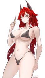  absurdres ahoge artist_name bare_shoulders bikini black_bikini breasts bullet cleavage closed_mouth collarbone commentary cowboy_shot female goddess_of_victory:_nikke hair_between_eyes highres holding holding_bullet horns large_breasts long_hair looking_at_viewer mechanical_horns navel red_hair red_hood_(nikke) rkm063 sidelocks simple_background smile solo standing swimsuit white_background yellow_eyes  rating:questionable score: user:bot