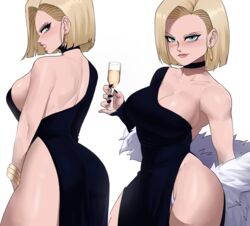 1girls 2021 android_18 back back_view bare_legs black_dress blonde_hair blue_eyes blush breasts clothed clothed_female dragon_ball dragon_ball_z echosaber elegant elegant_dress female female_only glass hi_res hips holding_object large_breasts looking_at_viewer panties pelvic_curtain short_hair sideboob simple_background slim_waist smile solo thick_thighs thighs very_high_resolution white_background white_panties wide_hips rating:Questionable score:465 user:Cero_Oscuras