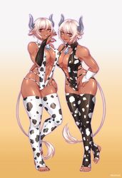 bat-kat0 cow_girl cow_print dark_skin feet female final_fantasy final_fantasy_xiv horn queen_twins roegadyn tail thighhighs twins rating:Questionable score:52 user:Sheen_1012