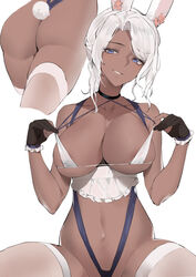 absurdres aliosarvin animal_ears areola_slip areolae ass avatar_(ff14) black_choker black_gloves blue_eyes bra breasts bunny_ears bunny_girl bunny_tail choker commission dark-skinned_female dark_skin female final_fantasy final_fantasy_xiv gloves hands_up highres large_breasts looking_at_viewer micro_bra multiple_views navel partially_fingerless_gloves rabbit_ears rabbit_girl rabbit_tail simple_background smile spread_legs strap_lift tail thighhighs underwear underwear_only viera white_background white_bra white_hair white_legwear rating:Explicit score:188 user:DemonKitty15